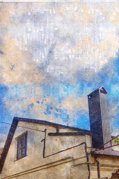 Дом с коричневым дымоходом на фоне голубого неба. Цифровая акварель — стоковое фото