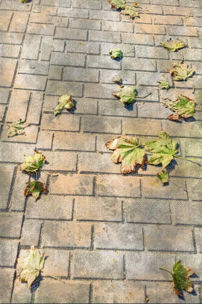 Padlé listí na šedém chodníku. Digitální akvarel — Stock fotografie