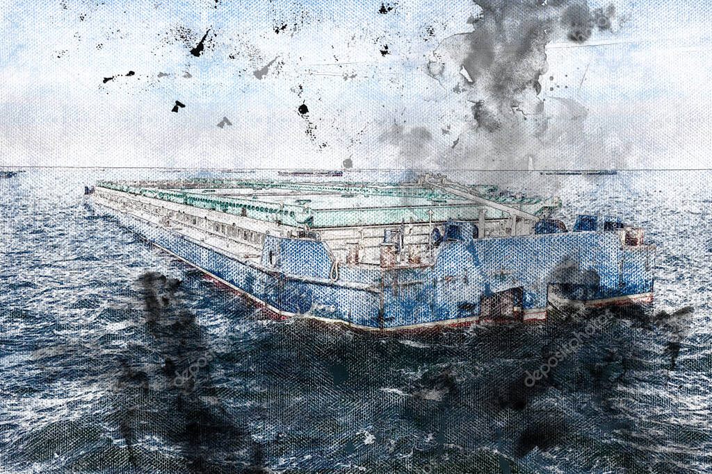 A loaded barge with its holds closed floats down the river. Tugboat pulls barge with grain cargo. Water transport. Digital watercolor painting.