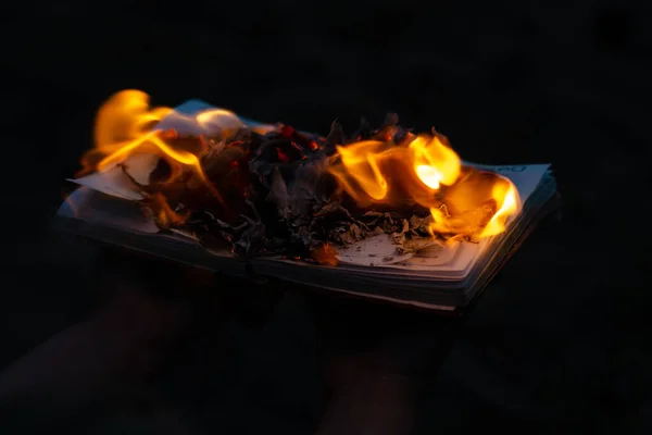 Open Burning Diary Black Background Notebook Flame Coverage Destruction Business — Stock Photo, Image