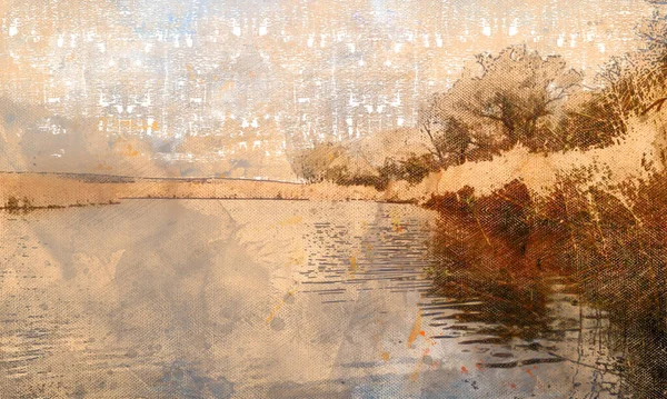Рыбалка Реке Спокойный Поток Пресноводной Реки Среди Сухой Тростника Цифровая — стоковое фото