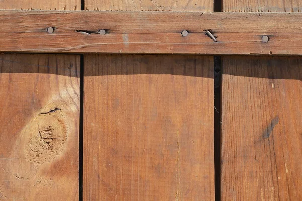 Tres Tablas Madera Clavadas Juntas Tableros Marrones Fijados Perpendicularmente Con — Foto de Stock