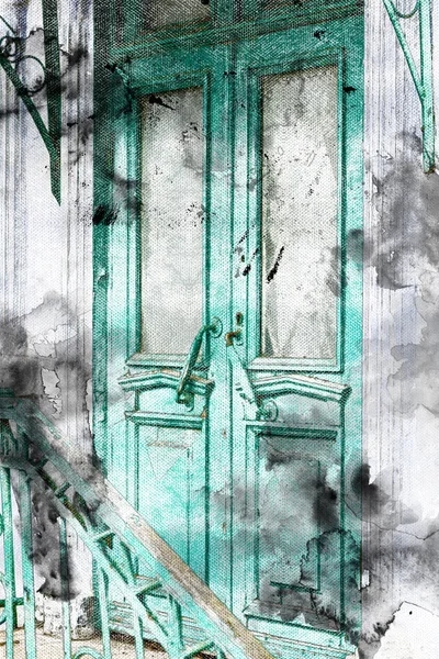 Παλιά Ξύλινη Μπροστινή Πόρτα Πράσινη Δίφυλλη Πόρτα Χειρολισθήρες Και Κάγκελα — Φωτογραφία Αρχείου