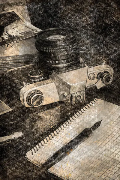 Vintage Kamera Fotóalbum Notebook Töltőtoll Digitális Akvarell Festés — Stock Fotó