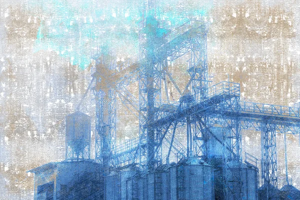 朝の霧の中で穀物エレベーター 現代の穀物複合体の金属サイロとコンベアベルト 業界だ デジタル水彩画 — ストック写真