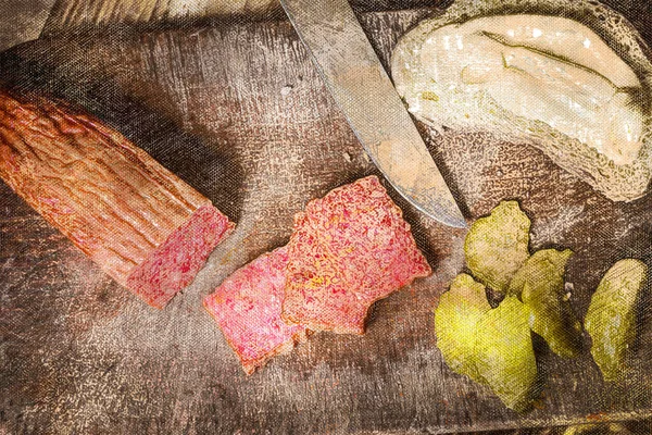 Salame Cetriolo Salato Pane Olio Cibo Natura Morta Pittura Digitale — Foto Stock