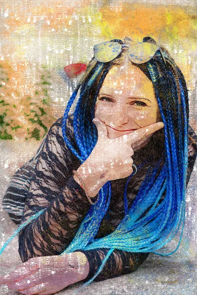 Ritratto Giovane Donna Con Dreadlocks Blu Femmina Giace Supportando Mento — Foto Stock