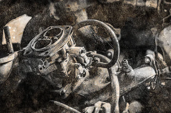 キャブレターカーエンジン 分解ガソリン内燃機関 オートワークショップ デジタル水彩画 — ストック写真