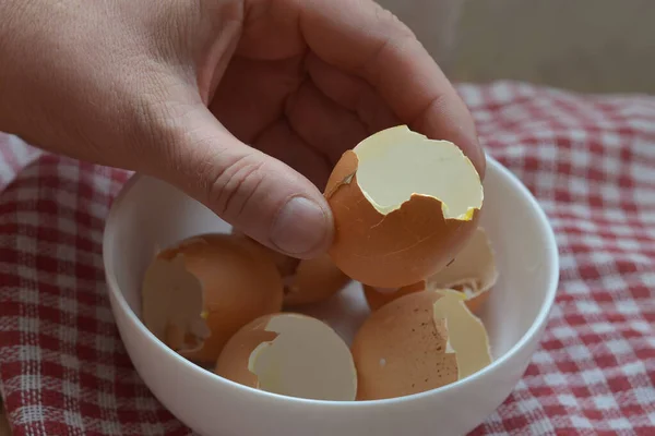 Man holds Egg shells from eating eggs. Boiled chicken eggs. White ceramic bowl with broken shells. Selective focus. Close-up.