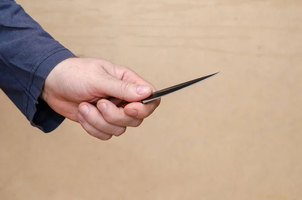 Hand Knife Brown Background Adult Male Holding Small Double Edged — Stock Photo, Image