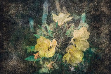 Yeşil saplı sarı çiçekler. Yaprakların arasında sürünen böcekler. Çiçek açıyor. Dijital suluboya resim