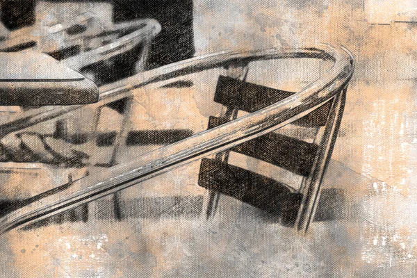 空港や駅のカフェで空の椅子やテーブル 列に背を持つ金属クロム椅子 デジタル水彩画 — ストック写真