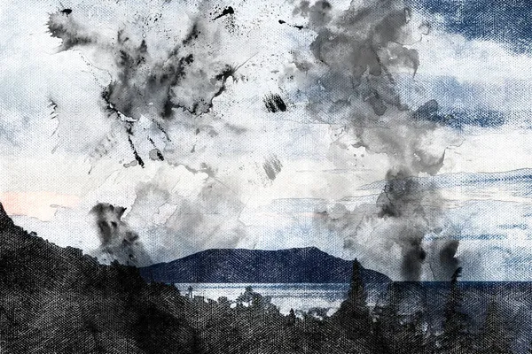 번개가 산으로 둘러싸인 먹구름 디지털 페인팅 — 스톡 사진