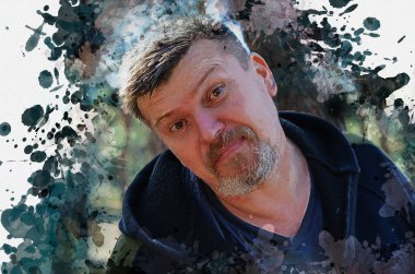 Kafası eğilmiş bir adamın portresi. Kısa saçlı, sakallı ve bıyıklı yetişkin bir erkek. Dijital akvaryum resmi.