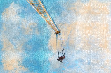 Mavi gökyüzüne karşı liman vincinin kargo patlaması. Kargo halatları ve kancada yatıştırıcı. Kargo taşıma ekipmanı. Dijital suluboya resim.