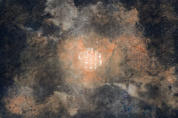 Narancssárga Telihold Éjféli Égen Holdfény Tör Felhős Égbolton Digitális Akvarell — Stock Fotó