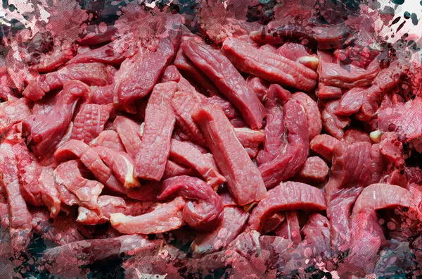 Raw Beefstroganoff 입니다 쇠고기는 가늘고 조각으로 러시아 디지털 수채화 — 스톡 사진