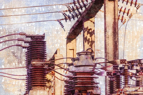 電気の変電所だ 電気エネルギーの受信 および分布のために設計された電気的インストール デジタル水彩画 — ストック写真