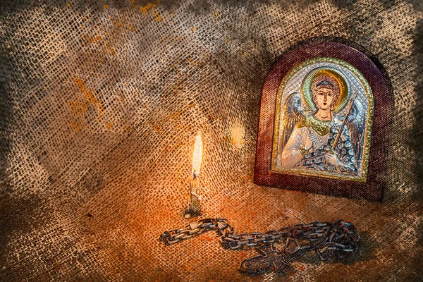 Ícone Arcanjo Miguel Com Prata Ouro Uma Cruz Peitoral Uma — Fotografia de Stock