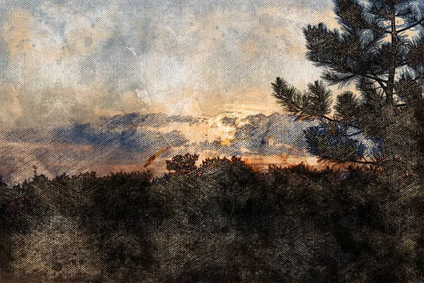 Gyönyörű Naplemente Erdő Felett Nap Lemegy Felhők Mögött Digitális Akvarell — Stock Fotó