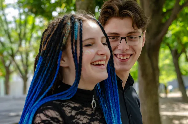 Happy Young Family Woman Long Blue Dreadlocks Man Glasses Heterosexual — Stock Photo, Image