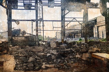 Bir fabrika ya da fabrika, çatışmalar sonucu yok edildi. Fabrikalar bombalama ya da roket ateşiyle yok edildi. Dijital suluboya resim