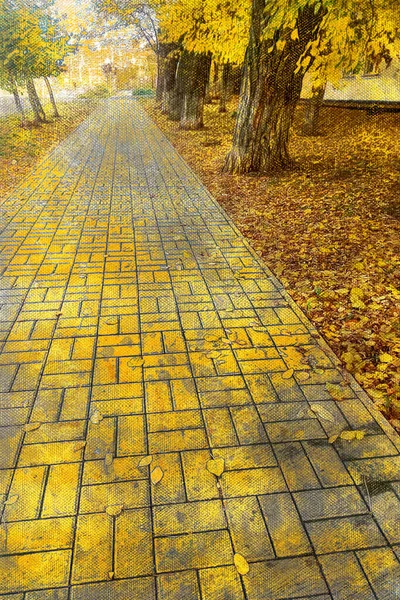 Yellow Sidewalk Autumn City Digital Watercolor Painting — Stock Photo, Image