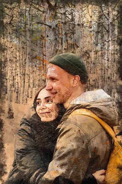 Stock image Happy young heterosexual family. Man and woman embracing while hiking in an autumn forest. Digital watercolor painting