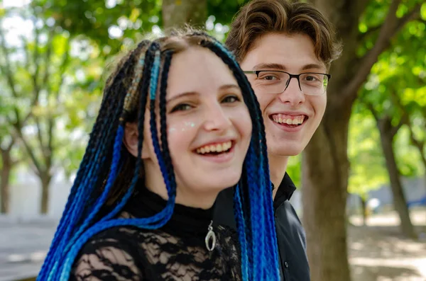 Happy Young Family Woman Long Blue Dreadlocks Man Glasses Heterosexual — Stock Photo, Image