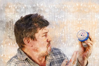 Yüzünde anlaşılmazlık ifadesi olan bir adam su sayacını elinde tutuyor. Karışık, dağınık saçlı bir erkek açık gri duvara bakıyor. Dijital suluboya resim. Modern Sanat