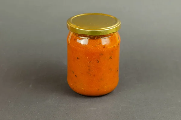 Sea Buckthorn Jam Glass Jar Lid Gray Background Healthy Food — Foto Stock