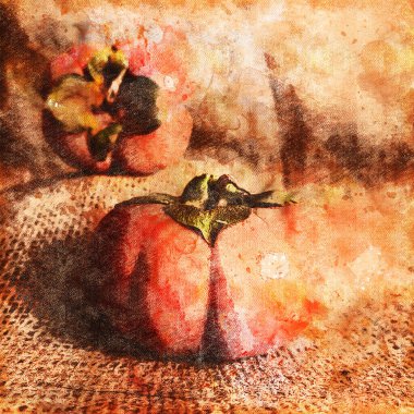 Hurma. Kaba kumaş üzerinde iki olgun tatlı meyve. Dijital suluboya resim.