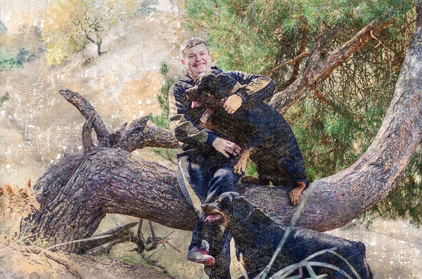 로트와일러 수컷이 쓰러진 나무의 줄기에 있습니다 동물들 산책하는 디지털 수채화 — 스톡 사진