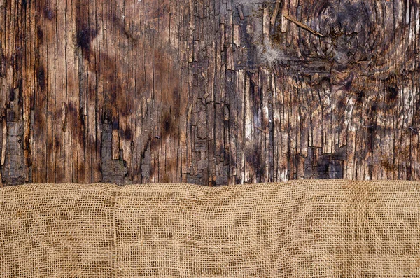 Fabric Sackcloth Dark Wooden Background Rough Fabric Bottom Frame Cracked — Stock Photo, Image