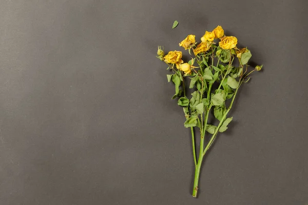 Ramo Flores Amarillas Sobre Fondo Negro Rosas Marchitas Pétalos Que — Foto de Stock