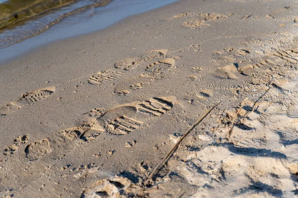Footprints Different People Wet Sand Shore Sea River Many Footprints — Stock Photo, Image