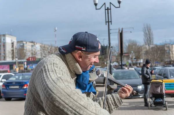 Portrait Street Musician Concert Mature Man Playing Classical Music Electronic — Stock Photo, Image