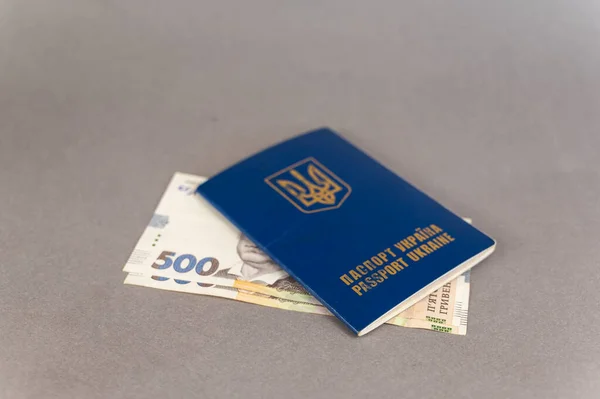 Синій Закритий Паспорт Готівка Проти Сірого Фону Українська Ідентифікаційна Картка — стокове фото