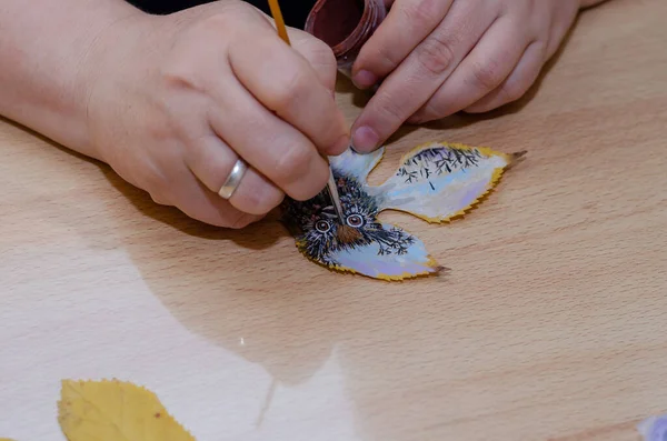 Adult Woman Hand Draws Owl Dry Tree Leaf Multicolored Drawing — Stock Photo, Image