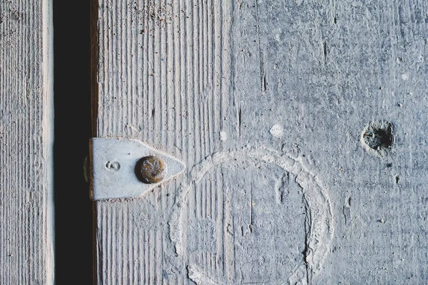 Old Gray Wooden Surface Aluminum Tag Nailed Number Nine Embossed — 스톡 사진