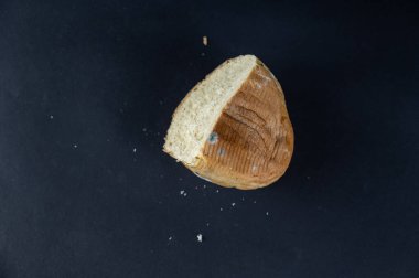 Siyah arka plana karşı küflü bir parça ekmek. Bayat bir parça buğday somunu.