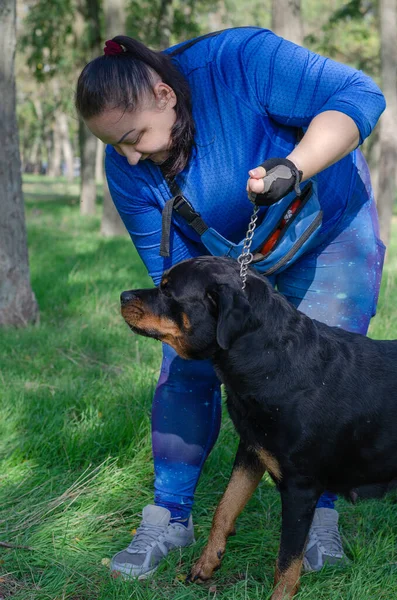 Parkta Siyah Bir Köpeğin Üzerine Eğilmiş Mavi Üniformalı Bir Kadın — Stok fotoğraf
