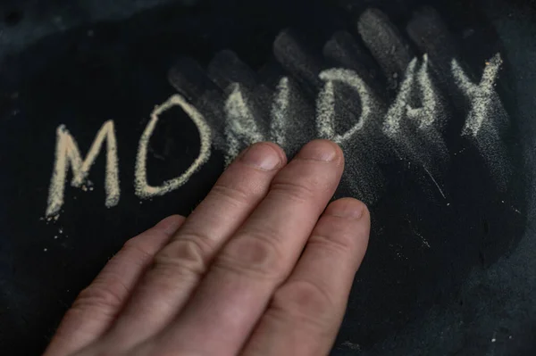 Semi Erased Word Monday Black Chalkboard Left Hand Adult Male — Stock Photo, Image