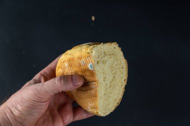 Bir adam siyah arka planda küflü bir parça ekmek tutuyor. Bir parça bayat buğday ekmeğiyle yetişkin bir adamın eli..