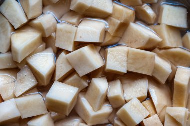 Patates püresi. Kabuksuz çiğ sebze. Sağlıklı beslenme. Yiyecek, malzeme..