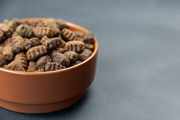 Dry dog food in a brown clay bowl against a gray background. The pellets are oval. Food for dogs prone to overweight. Useful pet food concept. Close-up view. Selective focus