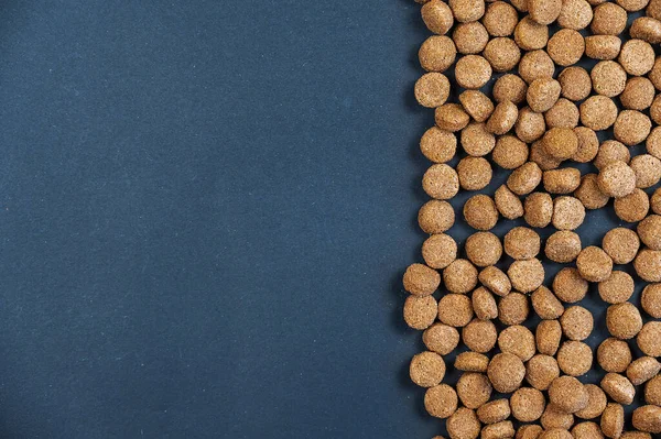 Dry pet food pellets against a gray background. Brown round pellets. Healthy food for pets. Copy space for text and design elements. Angled view from above