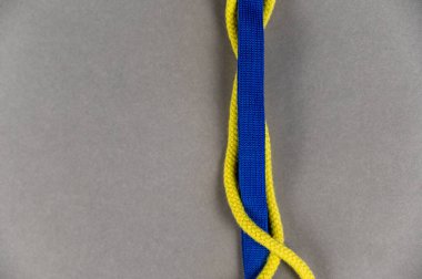 Gri arka planda çok renkli bağcıklar. Düğüme bağlanmış iki bağcık. Mavi ve sarı. Yuvarlak ve düz. Üst Manzara. Boşluğu kopyala.