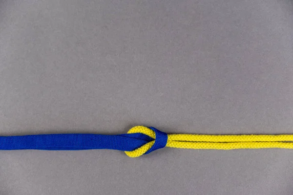 Многоцветные Шнурки Сером Фоне Два Кружева Завязанные Прямым Узлом Синий — стоковое фото