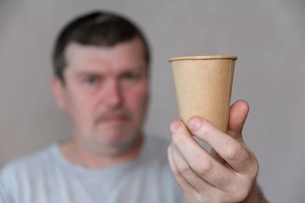 Middle Aged Man Holds Brown Glass Front His Face Disposable — Stock Photo, Image
